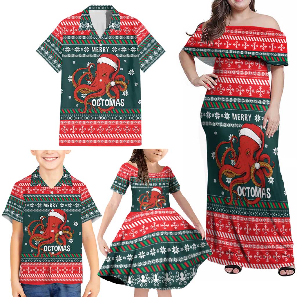 Merry Octomas Christmas Family Matching Off Shoulder Maxi Dress and Hawaiian Shirt Xmas Holiday Patterns - Wonder Print Shop