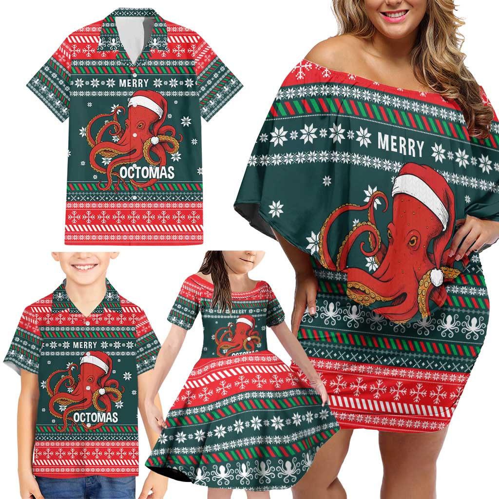 Merry Octomas Christmas Family Matching Off Shoulder Short Dress and Hawaiian Shirt Xmas Holiday Patterns - Wonder Print Shop
