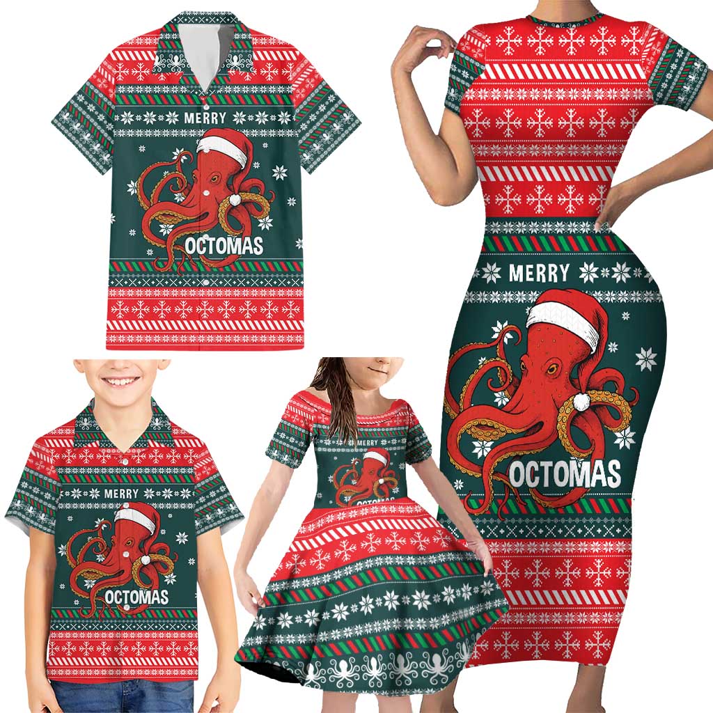Merry Octomas Christmas Family Matching Short Sleeve Bodycon Dress and Hawaiian Shirt Xmas Holiday Patterns - Wonder Print Shop