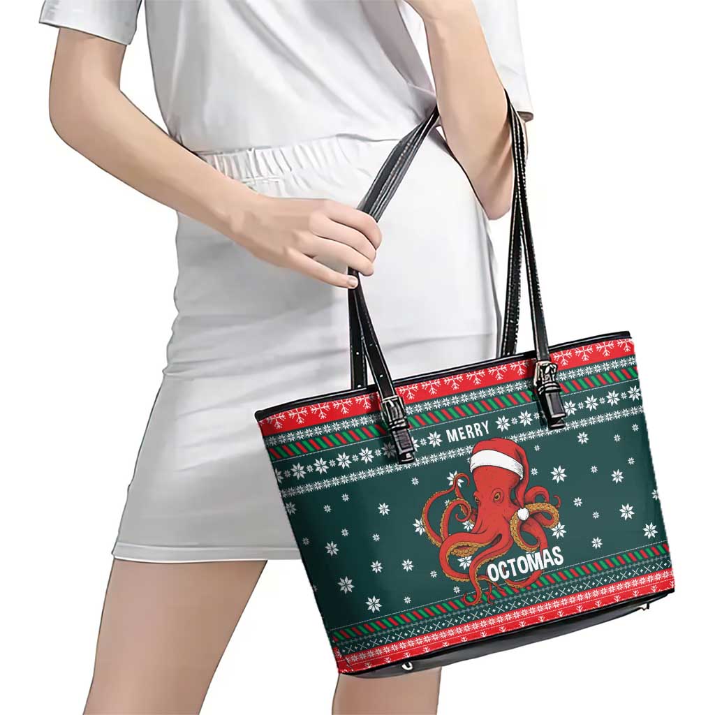 Merry Octomas Christmas Leather Tote Bag Xmas Holiday Patterns - Wonder Print Shop