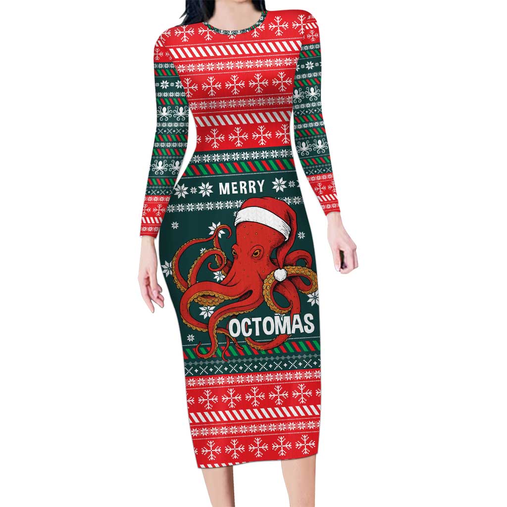 Merry Octomas Christmas Long Sleeve Bodycon Dress Xmas Holiday Patterns - Wonder Print Shop