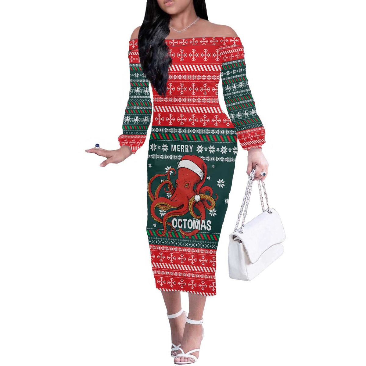 Merry Octomas Christmas Off The Shoulder Long Sleeve Dress Xmas Holiday Patterns - Wonder Print Shop