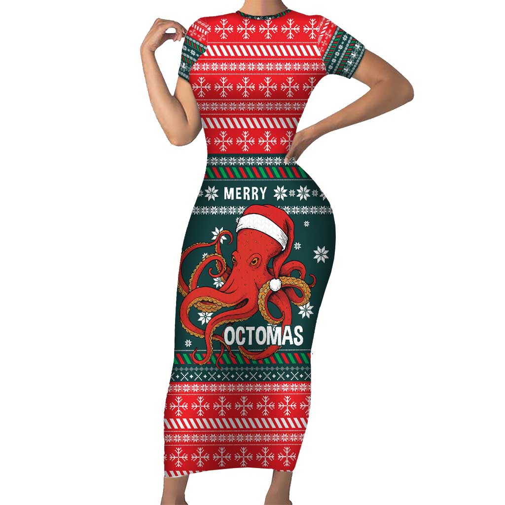 Merry Octomas Christmas Short Sleeve Bodycon Dress Xmas Holiday Patterns - Wonder Print Shop