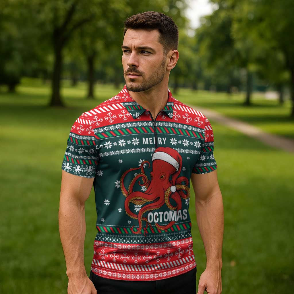 Merry Octomas Christmas Zipper Polo Shirt Xmas Holiday Patterns - Wonder Print Shop