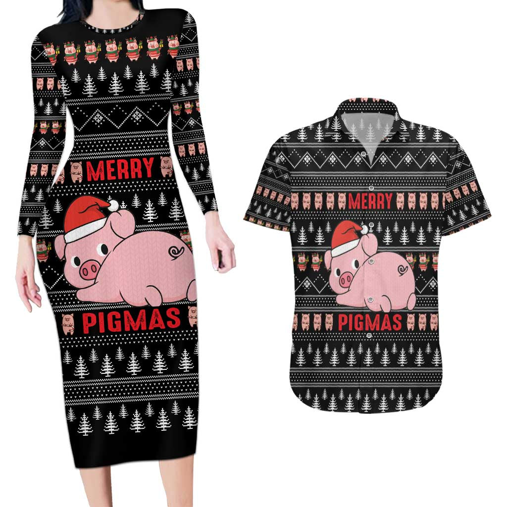 Merry Pigmas Christmas Couples Matching Long Sleeve Bodycon Dress and Hawaiian Shirt Xmas Holiday Patterns - Wonder Print Shop