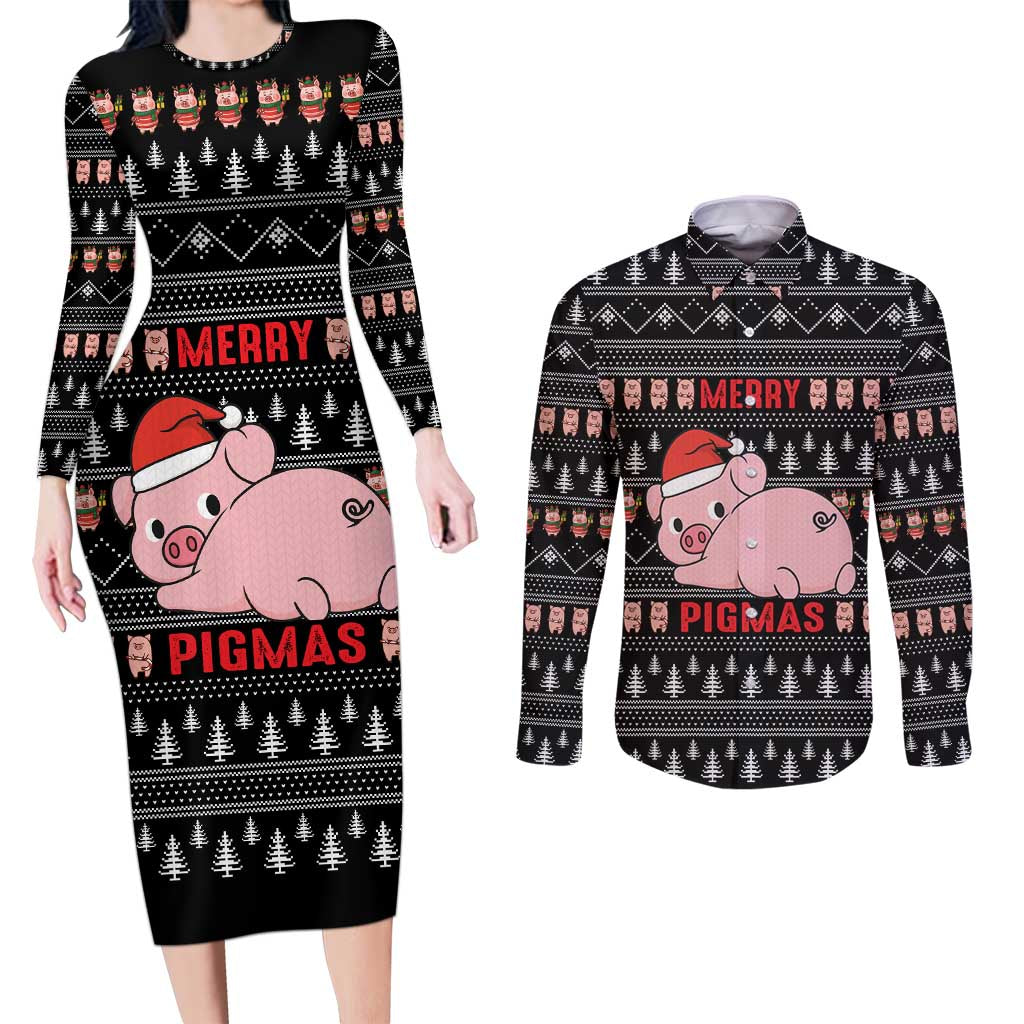 Merry Pigmas Christmas Couples Matching Long Sleeve Bodycon Dress and Long Sleeve Button Shirt Xmas Holiday Patterns - Wonder Print Shop