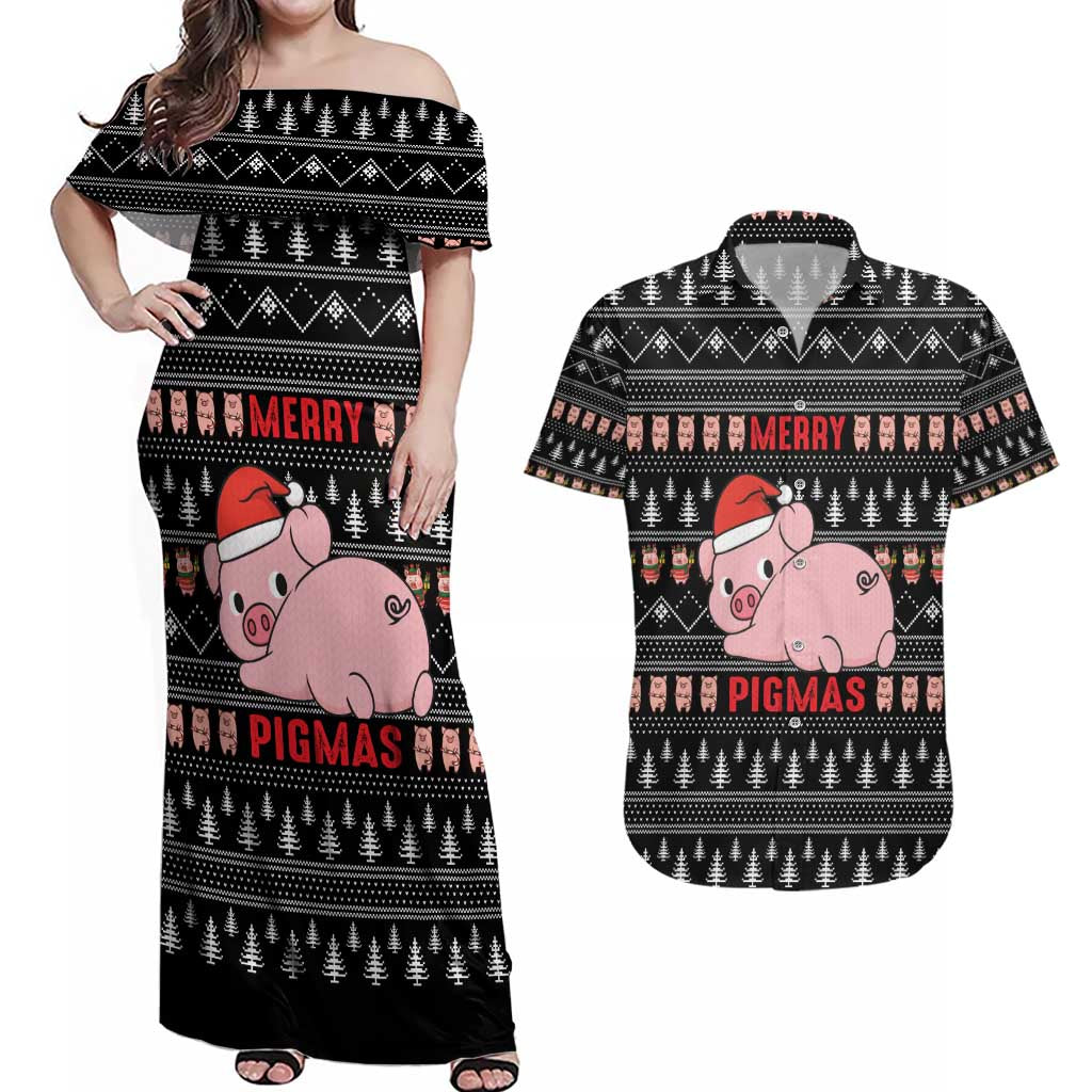 Merry Pigmas Christmas Couples Matching Off Shoulder Maxi Dress and Hawaiian Shirt Xmas Holiday Patterns - Wonder Print Shop