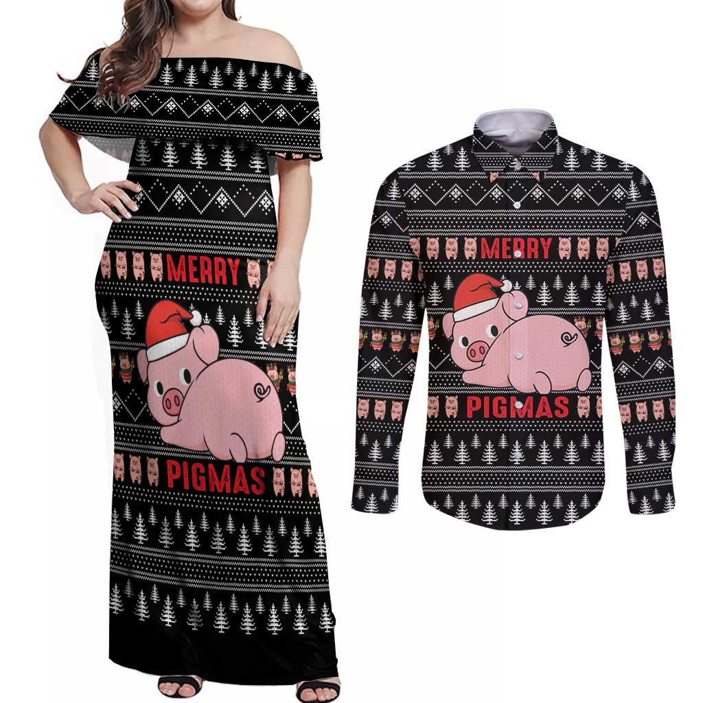 Merry Pigmas Christmas Couples Matching Off Shoulder Maxi Dress and Long Sleeve Button Shirt Xmas Holiday Patterns - Wonder Print Shop