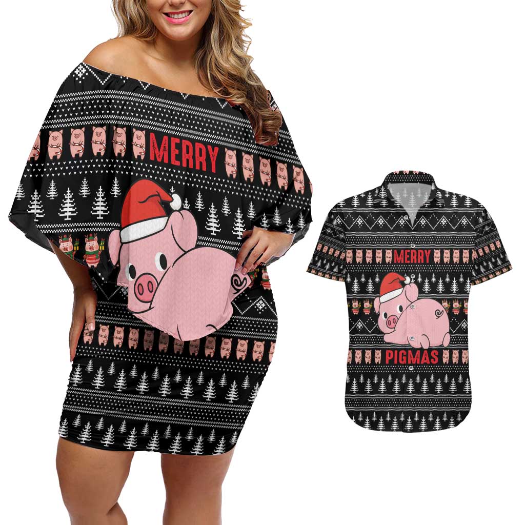 Merry Pigmas Christmas Couples Matching Off Shoulder Short Dress and Hawaiian Shirt Xmas Holiday Patterns - Wonder Print Shop
