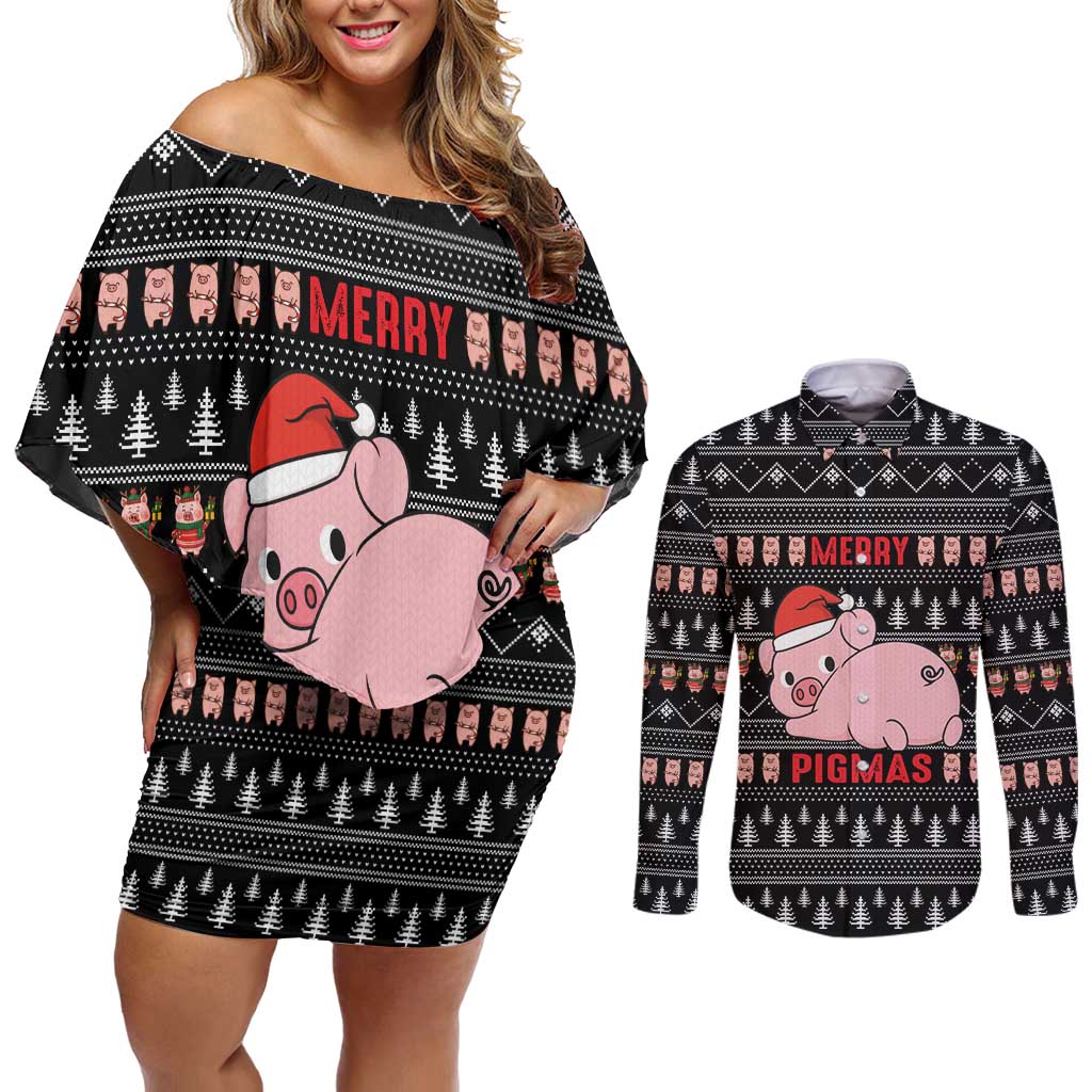 Merry Pigmas Christmas Couples Matching Off Shoulder Short Dress and Long Sleeve Button Shirt Xmas Holiday Patterns - Wonder Print Shop