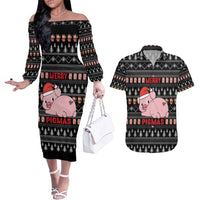 Merry Pigmas Christmas Couples Matching Off The Shoulder Long Sleeve Dress and Hawaiian Shirt Xmas Holiday Patterns - Wonder Print Shop