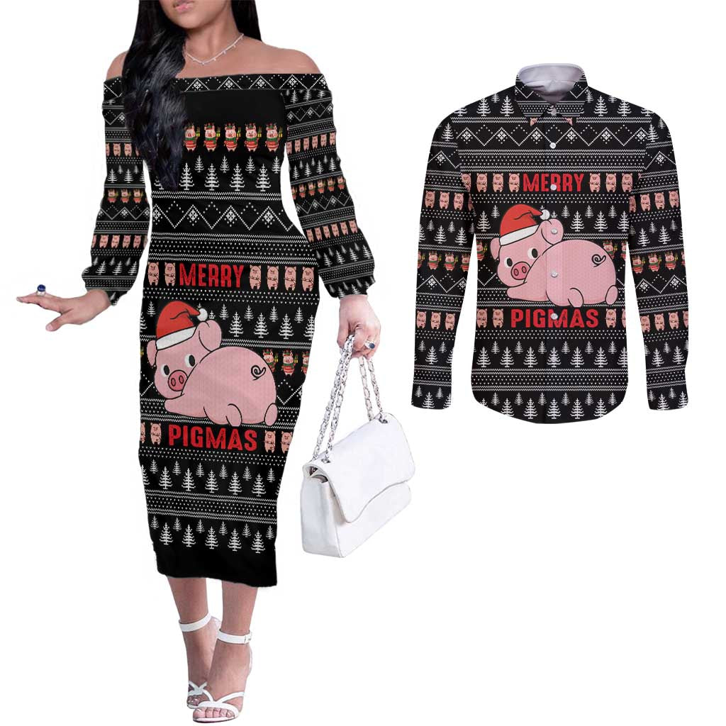 Merry Pigmas Christmas Couples Matching Off The Shoulder Long Sleeve Dress and Long Sleeve Button Shirt Xmas Holiday Patterns - Wonder Print Shop