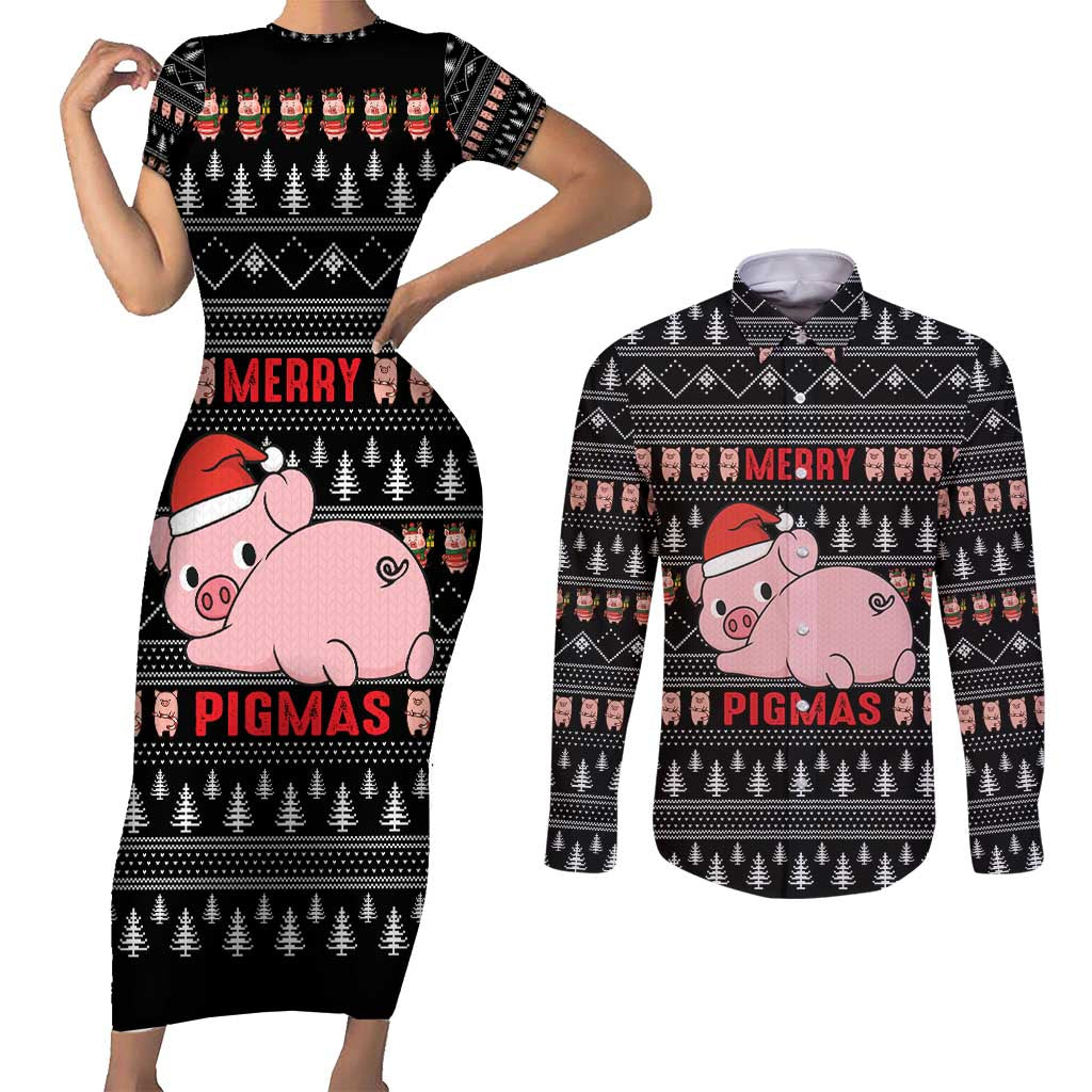 Merry Pigmas Christmas Couples Matching Short Sleeve Bodycon Dress and Long Sleeve Button Shirt Xmas Holiday Patterns - Wonder Print Shop