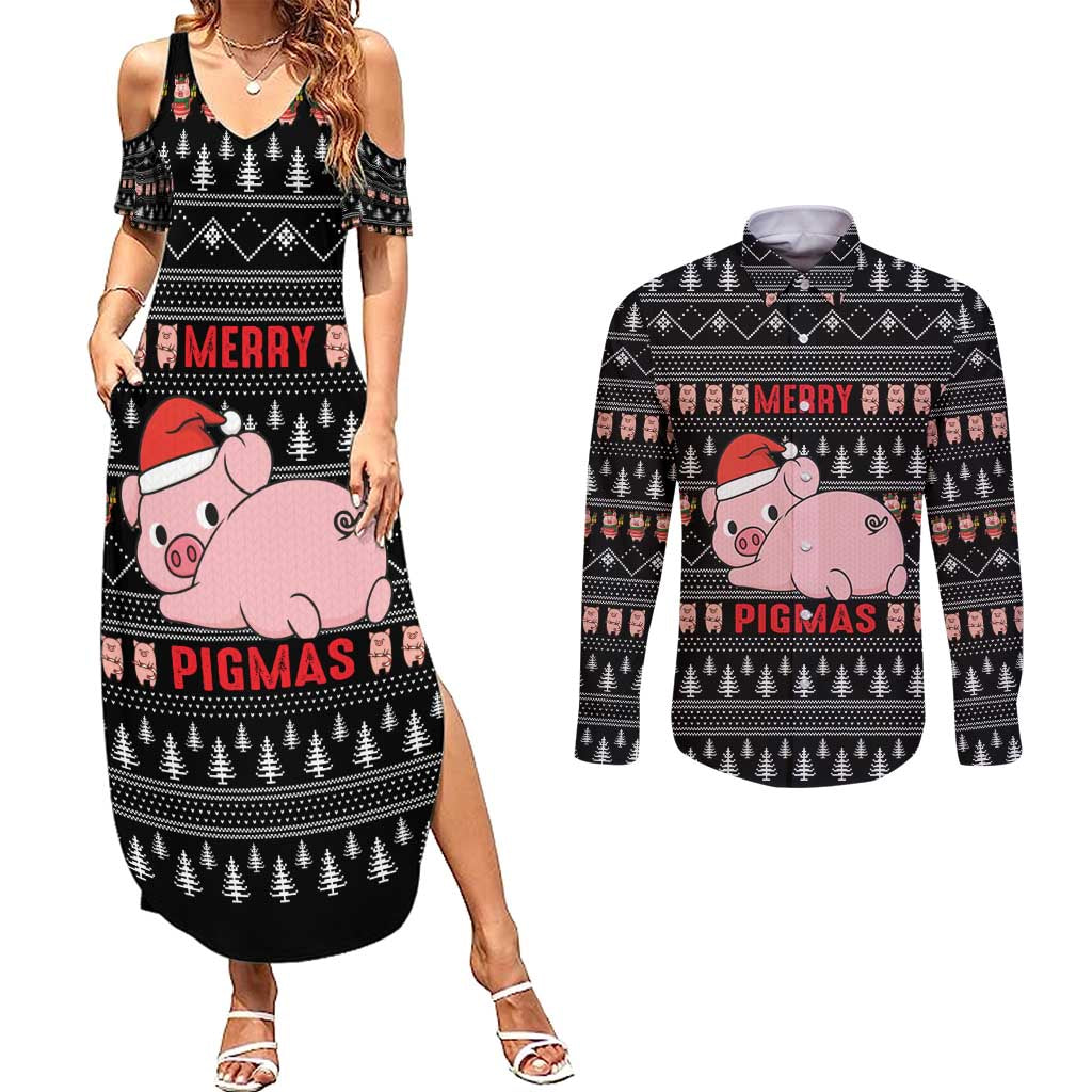 Merry Pigmas Christmas Couples Matching Summer Maxi Dress and Long Sleeve Button Shirt Xmas Holiday Patterns - Wonder Print Shop