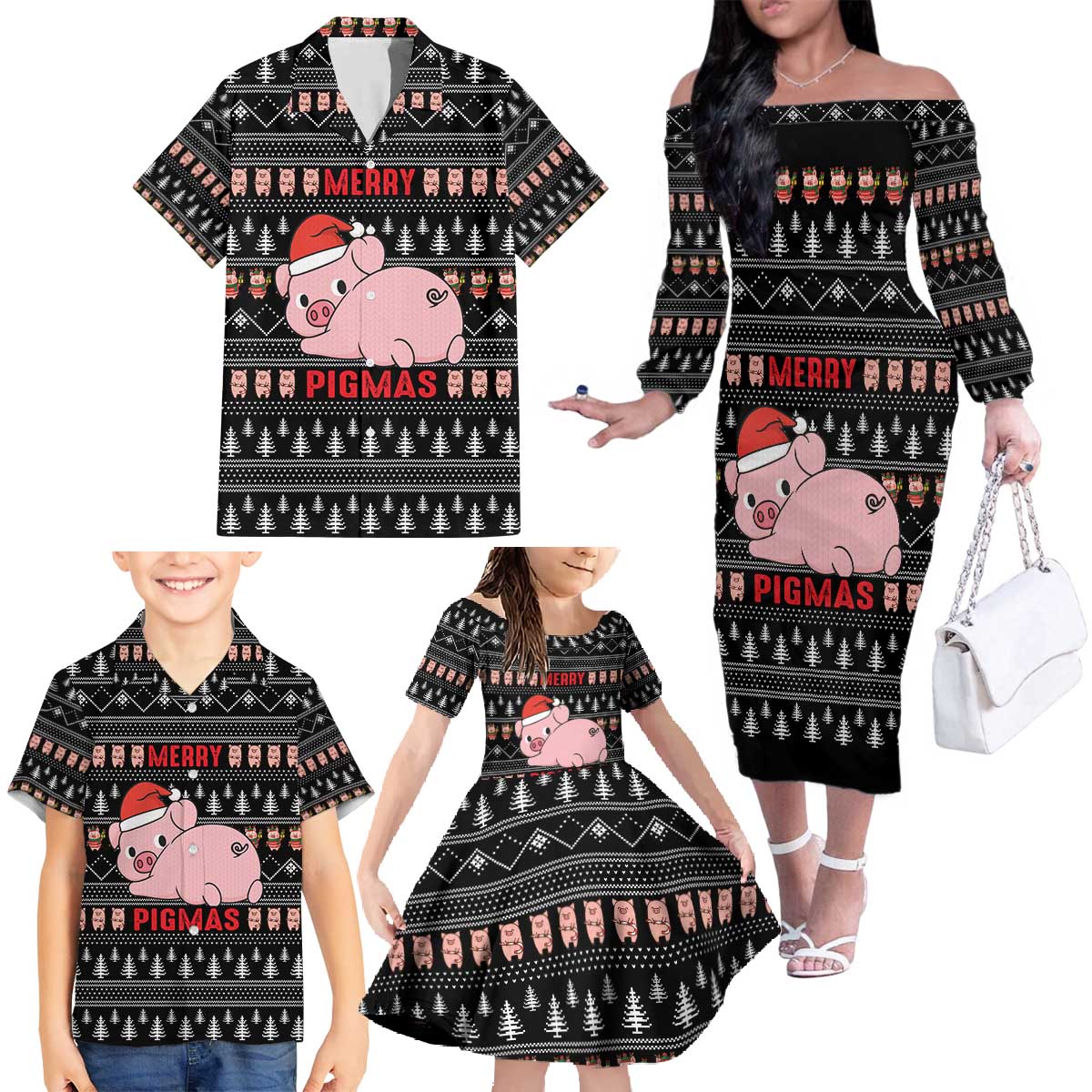 Merry Pigmas Christmas Family Matching Off The Shoulder Long Sleeve Dress and Hawaiian Shirt Xmas Holiday Patterns - Wonder Print Shop