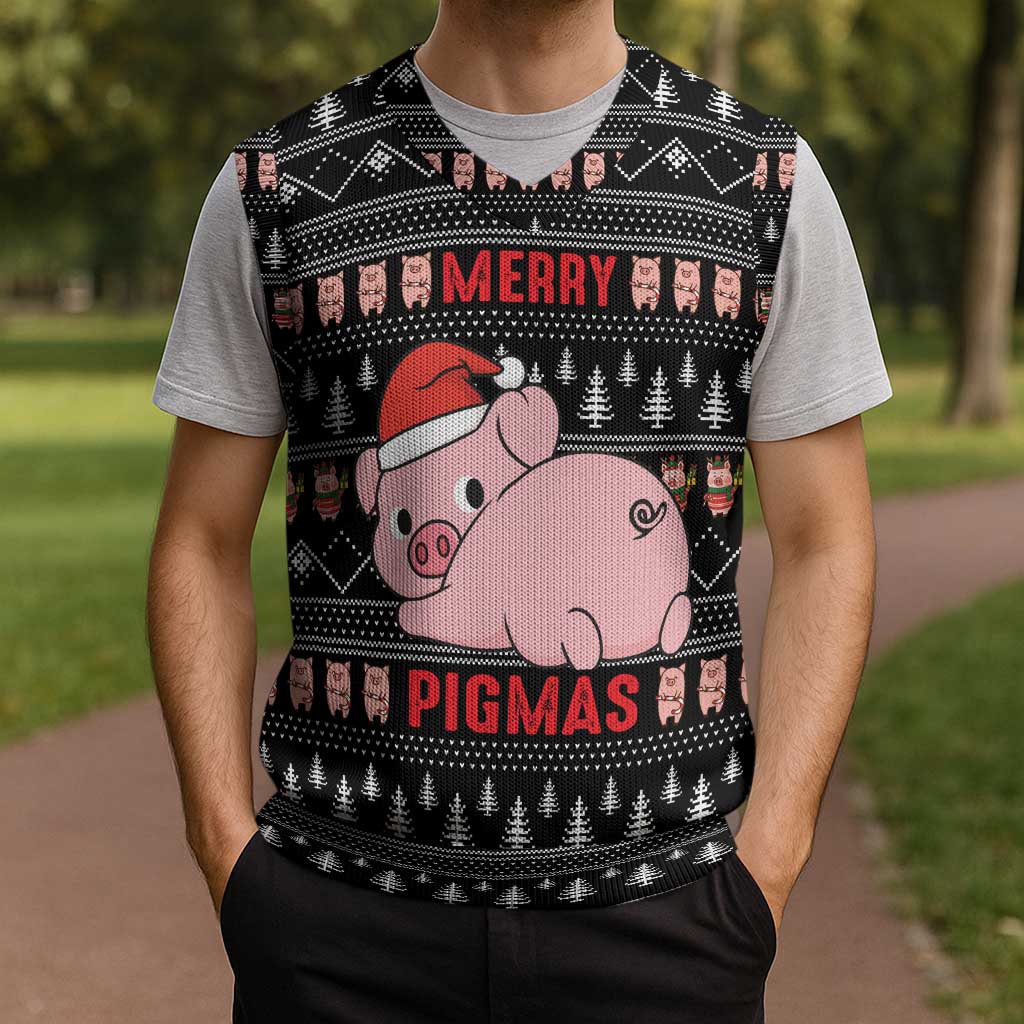Merry Pigmas Christmas Knitted V-Neck Vest Xmas Holiday Patterns - Wonder Print Shop