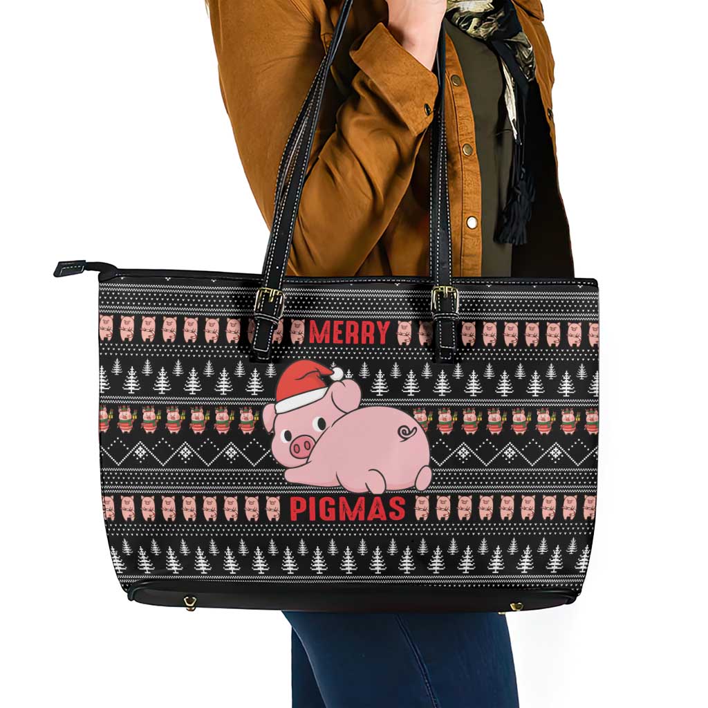 Merry Pigmas Christmas Leather Tote Bag Xmas Holiday Patterns - Wonder Print Shop