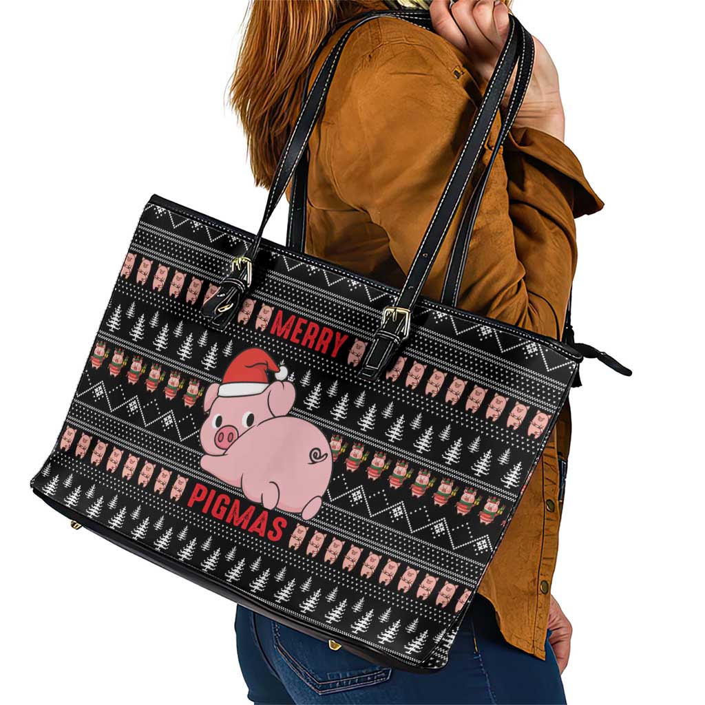 Merry Pigmas Christmas Leather Tote Bag Xmas Holiday Patterns - Wonder Print Shop