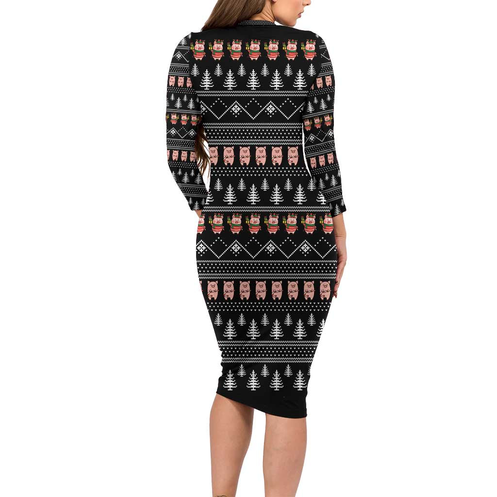 Merry Pigmas Christmas Long Sleeve Bodycon Dress Xmas Holiday Patterns - Wonder Print Shop