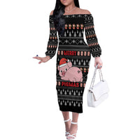 Merry Pigmas Christmas Off The Shoulder Long Sleeve Dress Xmas Holiday Patterns - Wonder Print Shop
