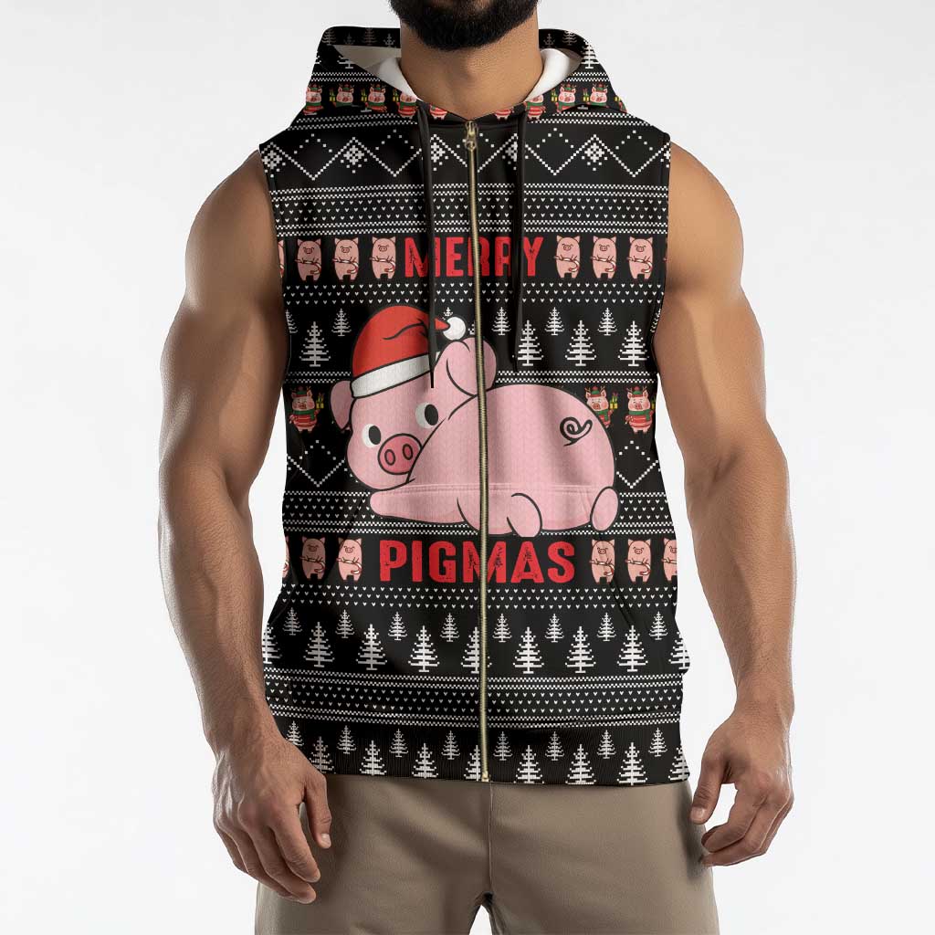 Merry Pigmas Christmas Sleeveless Zip Hoodie Xmas Holiday Patterns - Wonder Print Shop