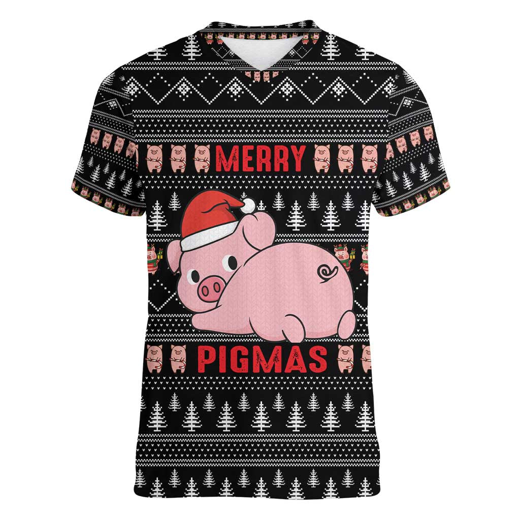 Merry Pigmas Christmas Women V-Neck T-Shirt Xmas Holiday Patterns - Wonder Print Shop