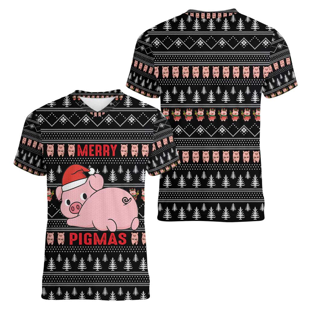 Merry Pigmas Christmas Women V-Neck T-Shirt Xmas Holiday Patterns - Wonder Print Shop