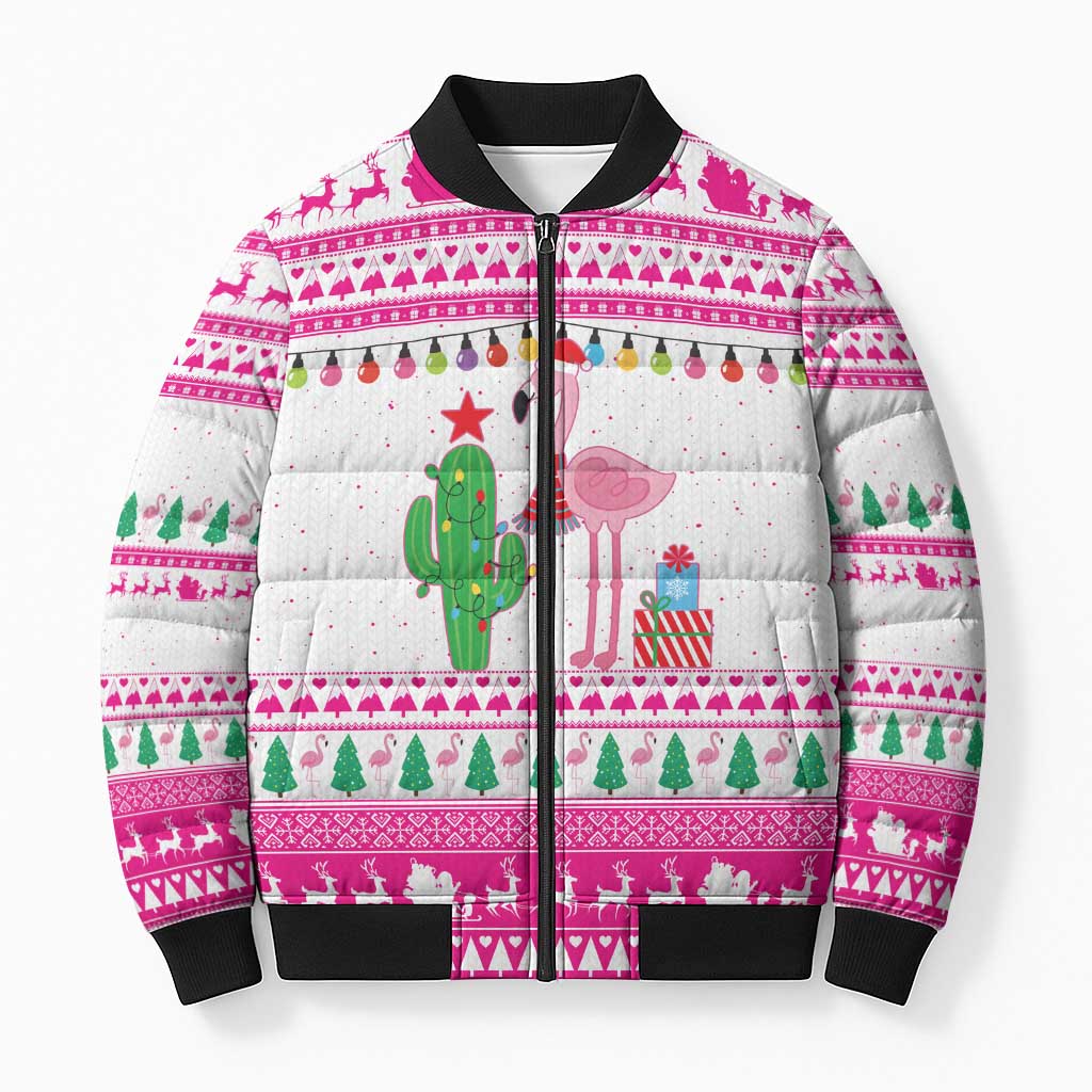 Pink Flamingo Christmas Bomber Puffer Jacket Xmas Holiday Patterns - Wonder Print Shop