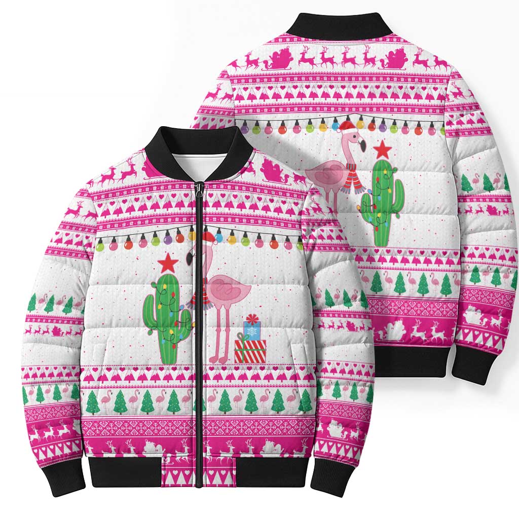 Pink Flamingo Christmas Bomber Puffer Jacket Xmas Holiday Patterns - Wonder Print Shop