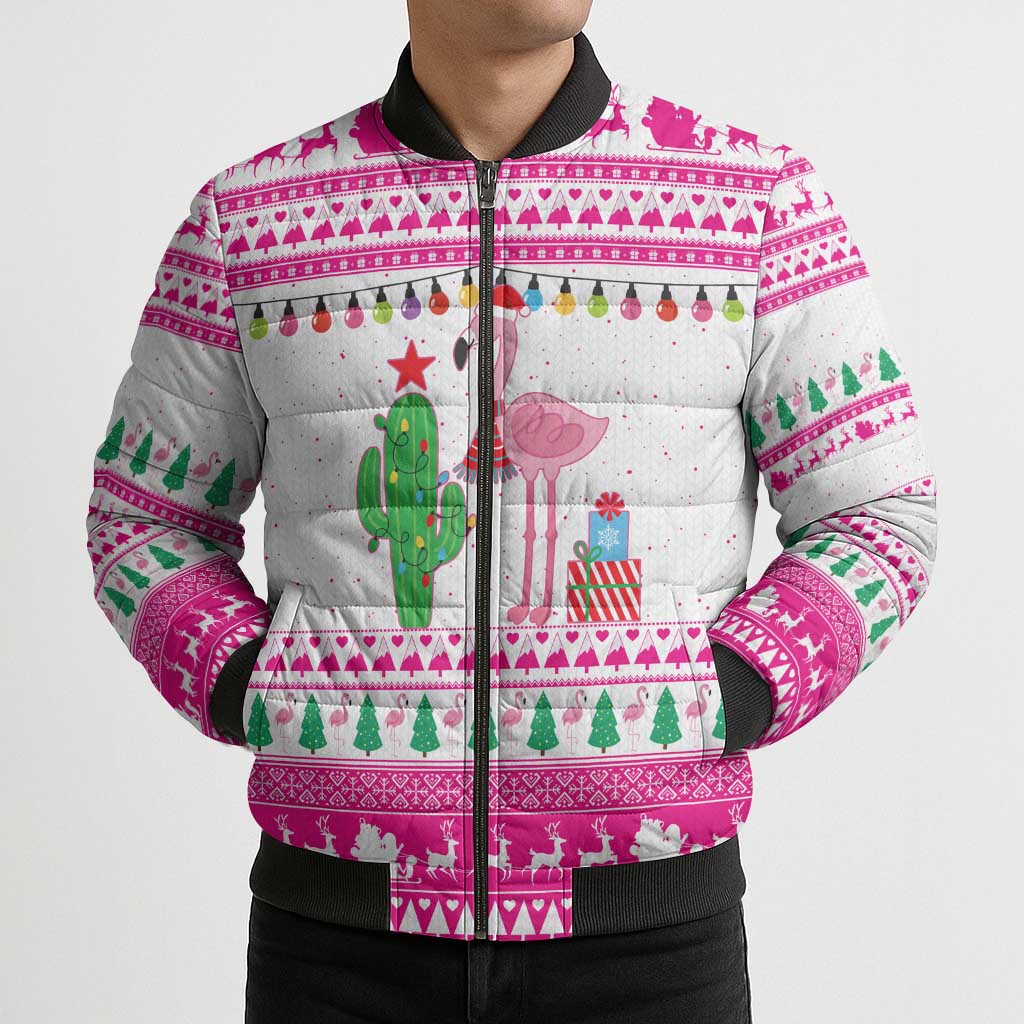 Pink Flamingo Christmas Bomber Puffer Jacket Xmas Holiday Patterns - Wonder Print Shop