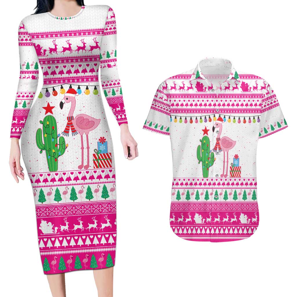 Pink Flamingo Christmas Couples Matching Long Sleeve Bodycon Dress and Hawaiian Shirt Xmas Holiday Patterns - Wonder Print Shop
