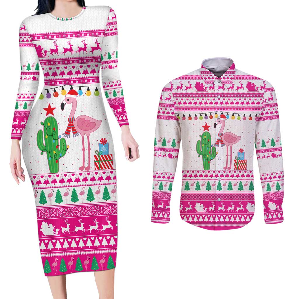 Pink Flamingo Christmas Couples Matching Long Sleeve Bodycon Dress and Long Sleeve Button Shirt Xmas Holiday Patterns - Wonder Print Shop