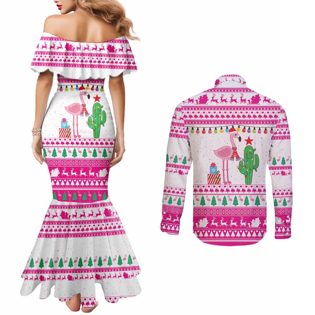 Pink Flamingo Christmas Couples Matching Mermaid Dress and Long Sleeve Button Shirt Xmas Holiday Patterns - Wonder Print Shop