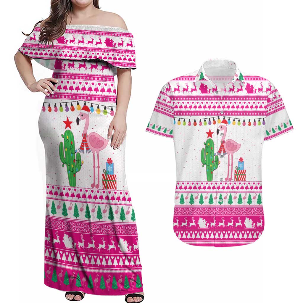 Pink Flamingo Christmas Couples Matching Off Shoulder Maxi Dress and Hawaiian Shirt Xmas Holiday Patterns - Wonder Print Shop