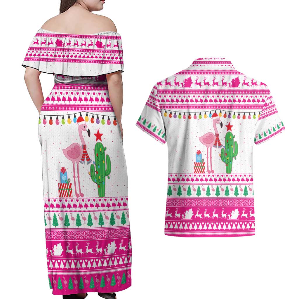 Pink Flamingo Christmas Couples Matching Off Shoulder Maxi Dress and Hawaiian Shirt Xmas Holiday Patterns - Wonder Print Shop