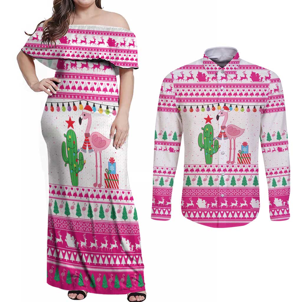 Pink Flamingo Christmas Couples Matching Off Shoulder Maxi Dress and Long Sleeve Button Shirt Xmas Holiday Patterns - Wonder Print Shop