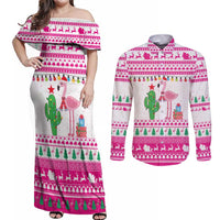 Pink Flamingo Christmas Couples Matching Off Shoulder Maxi Dress and Long Sleeve Button Shirt Xmas Holiday Patterns - Wonder Print Shop