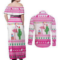 Pink Flamingo Christmas Couples Matching Off Shoulder Maxi Dress and Long Sleeve Button Shirt Xmas Holiday Patterns - Wonder Print Shop