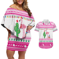 Pink Flamingo Christmas Couples Matching Off Shoulder Short Dress and Hawaiian Shirt Xmas Holiday Patterns - Wonder Print Shop