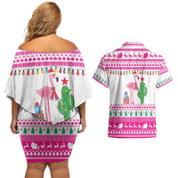 Pink Flamingo Christmas Couples Matching Off Shoulder Short Dress and Hawaiian Shirt Xmas Holiday Patterns - Wonder Print Shop