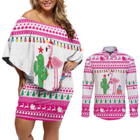 Pink Flamingo Christmas Couples Matching Off Shoulder Short Dress and Long Sleeve Button Shirt Xmas Holiday Patterns - Wonder Print Shop