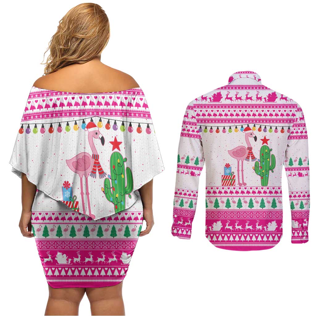 Pink Flamingo Christmas Couples Matching Off Shoulder Short Dress and Long Sleeve Button Shirt Xmas Holiday Patterns - Wonder Print Shop