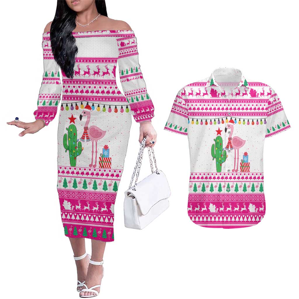 Pink Flamingo Christmas Couples Matching Off The Shoulder Long Sleeve Dress and Hawaiian Shirt Xmas Holiday Patterns - Wonder Print Shop