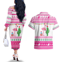 Pink Flamingo Christmas Couples Matching Off The Shoulder Long Sleeve Dress and Hawaiian Shirt Xmas Holiday Patterns - Wonder Print Shop