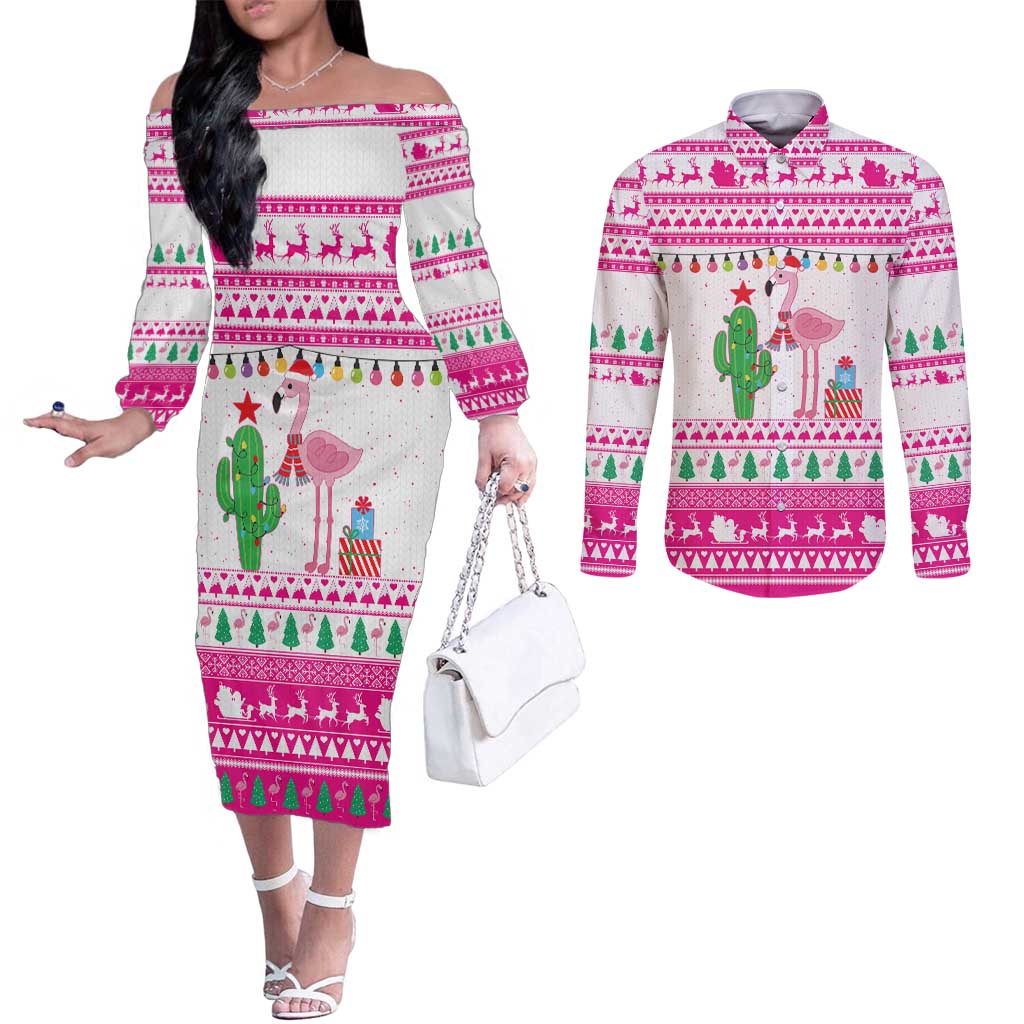 Pink Flamingo Christmas Couples Matching Off The Shoulder Long Sleeve Dress and Long Sleeve Button Shirt Xmas Holiday Patterns - Wonder Print Shop