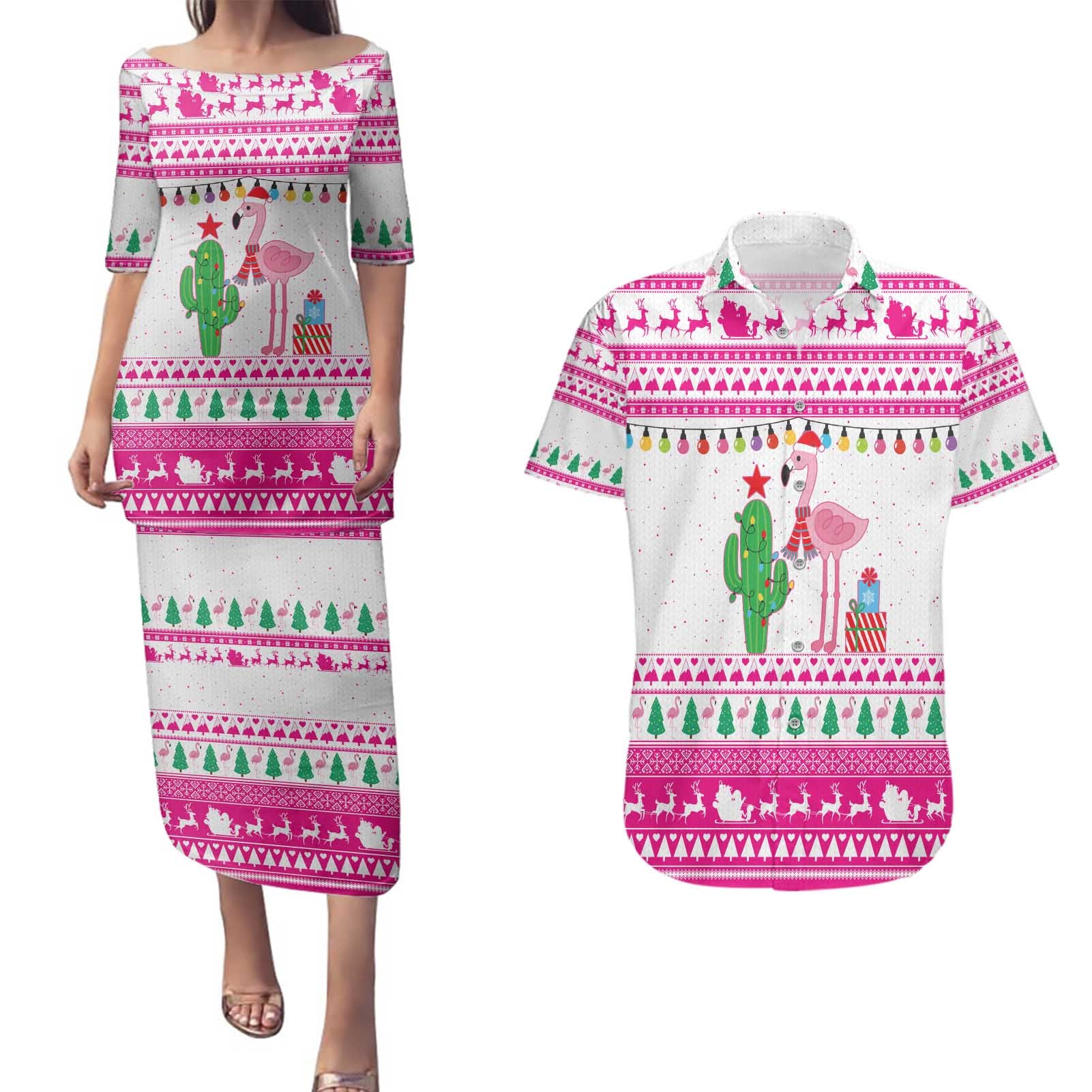 Pink Flamingo Christmas Couples Matching Puletasi and Hawaiian Shirt Xmas Holiday Patterns - Wonder Print Shop