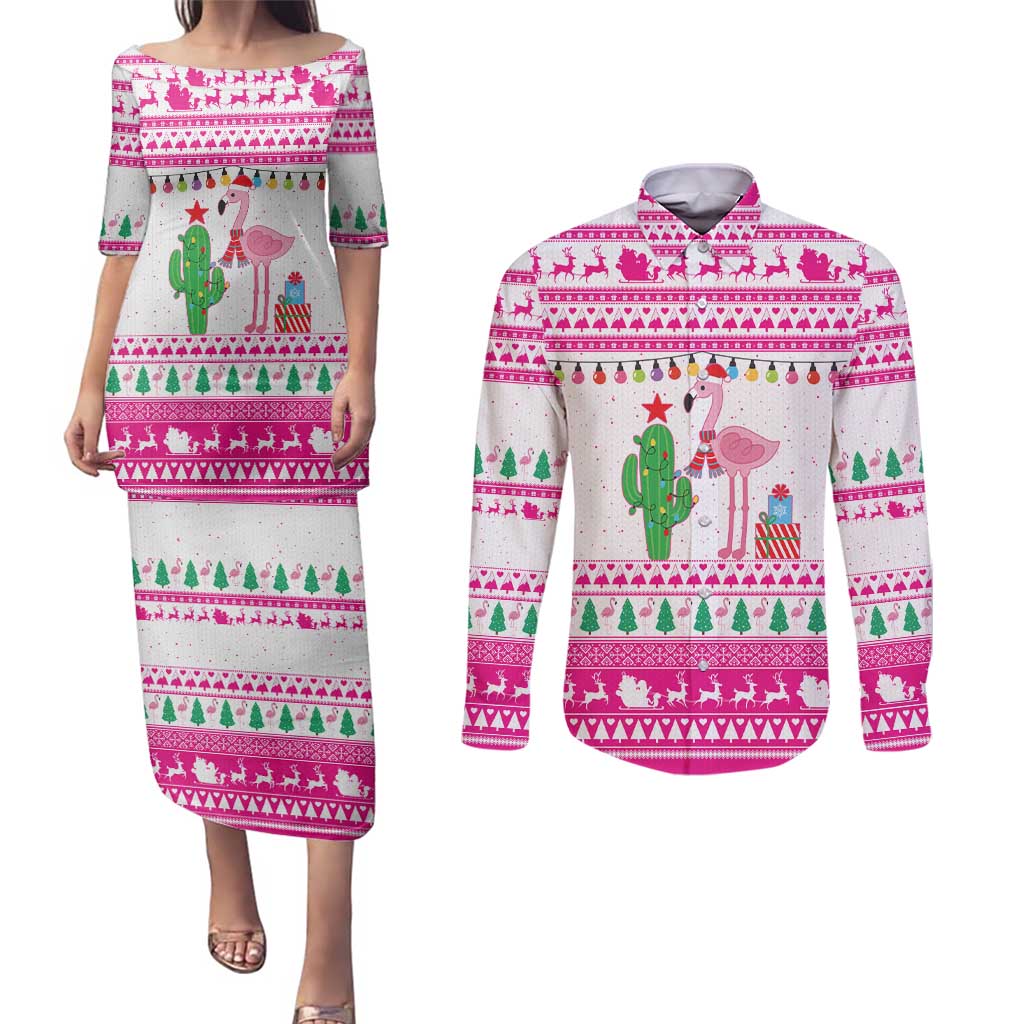 Pink Flamingo Christmas Couples Matching Puletasi and Long Sleeve Button Shirt Xmas Holiday Patterns - Wonder Print Shop