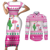 Pink Flamingo Christmas Couples Matching Short Sleeve Bodycon Dress and Long Sleeve Button Shirt Xmas Holiday Patterns - Wonder Print Shop