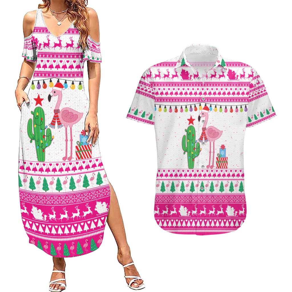 Pink Flamingo Christmas Couples Matching Summer Maxi Dress and Hawaiian Shirt Xmas Holiday Patterns - Wonder Print Shop