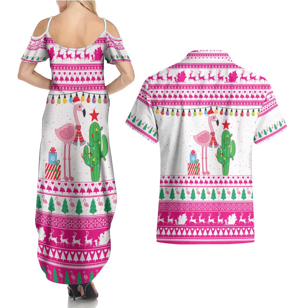 Pink Flamingo Christmas Couples Matching Summer Maxi Dress and Hawaiian Shirt Xmas Holiday Patterns - Wonder Print Shop